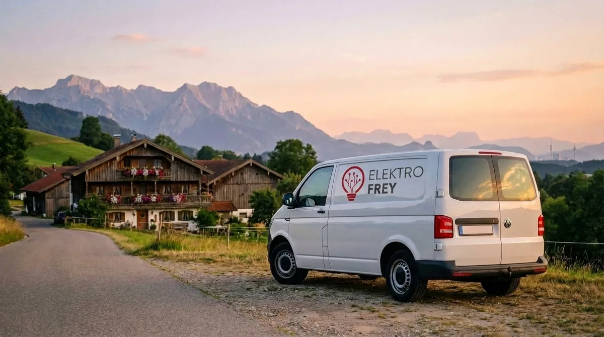 Elektro Frey Firmenfahrzeug vor oberbayerischem Bergpanorama
