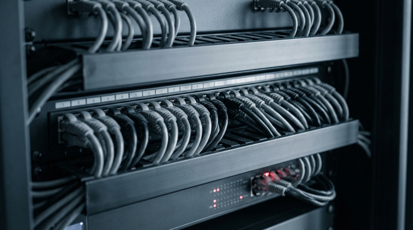 Sauber verkabeltes 19-Zoll-Patchpanel mit CAT6A-Leitungen
