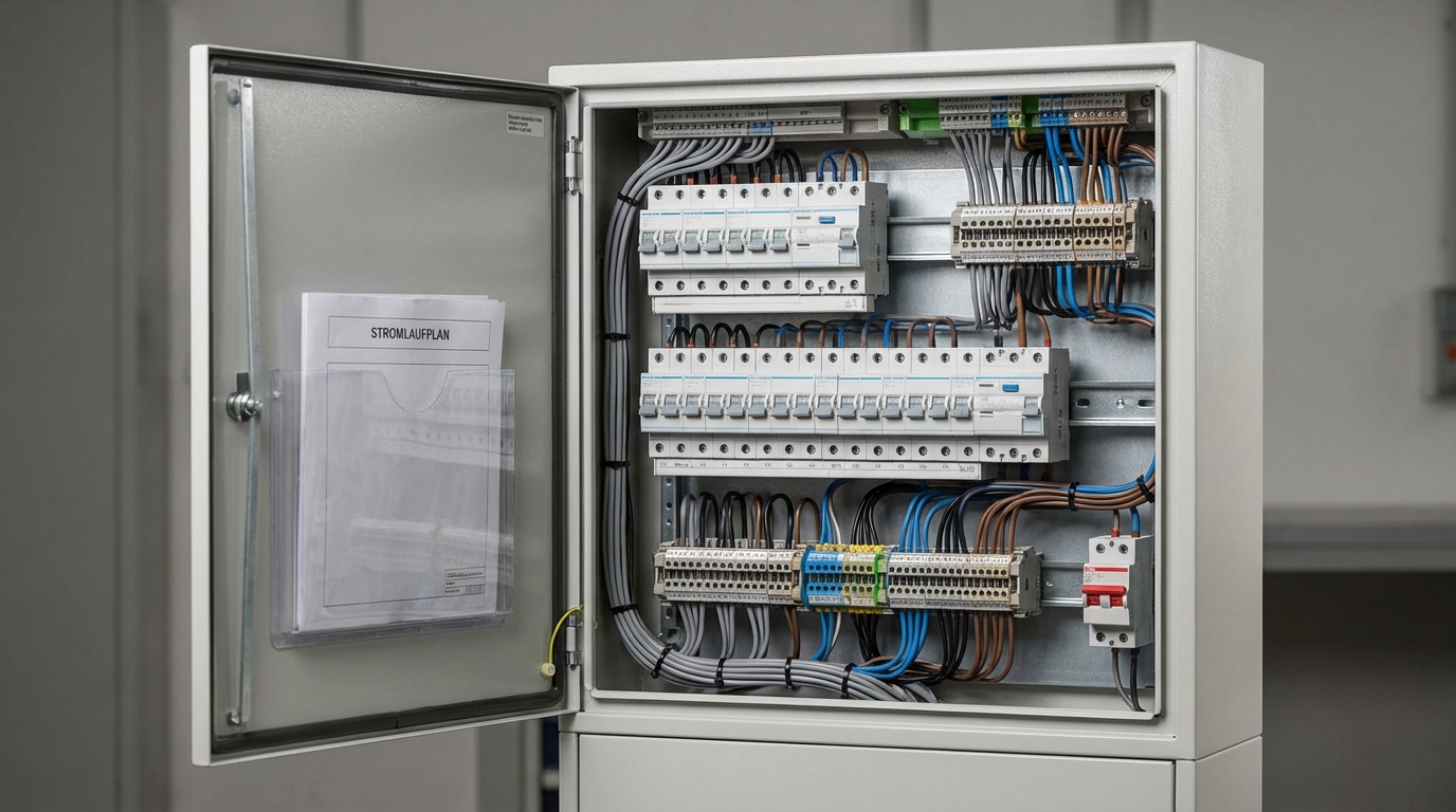 Sauber aufgebauter Schaltschrank mit Sicherungsautomaten und Klemmen