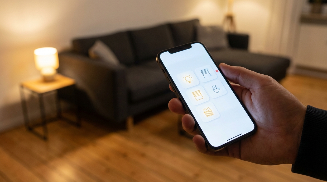 Smartphone steuert Smart-Home-Funktionen im Wohnzimmer